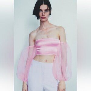 NWOT Zara bubblegum pink contrasting organza balloon sleeve crop top, L